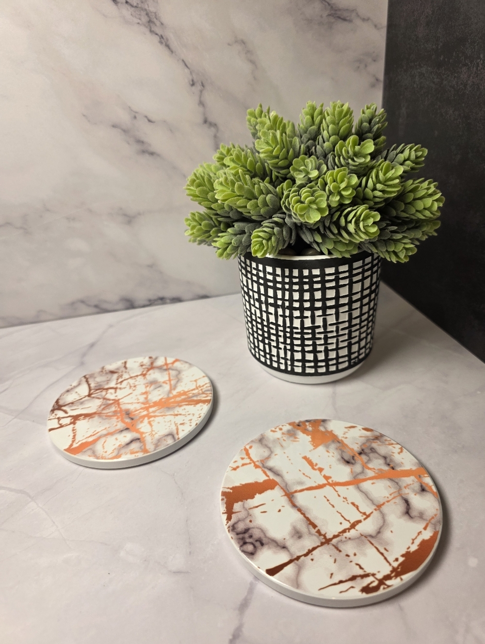 Modern White Marble & Copper Vein Sublimation Coasters - Set of 2